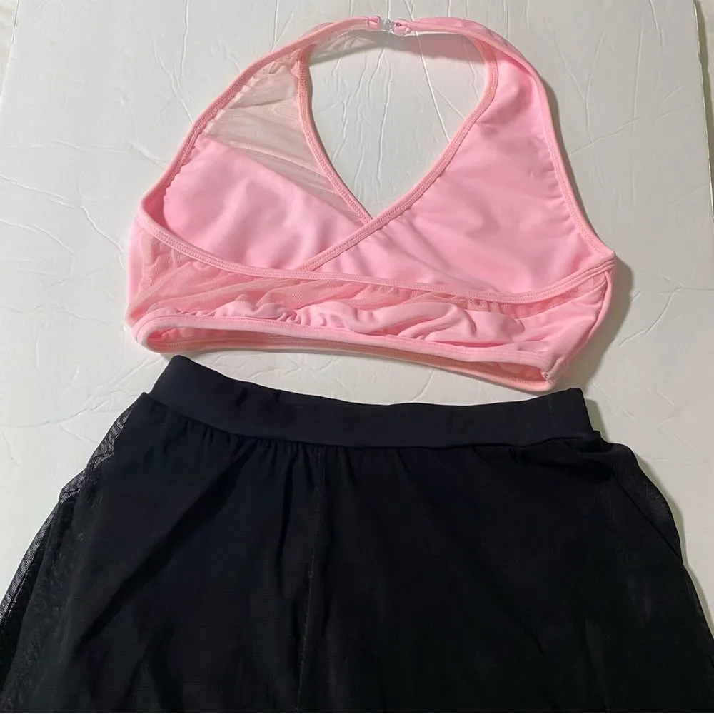 LA dance solo custom pink top 2 piece rhinestoned costume illusion SA adult